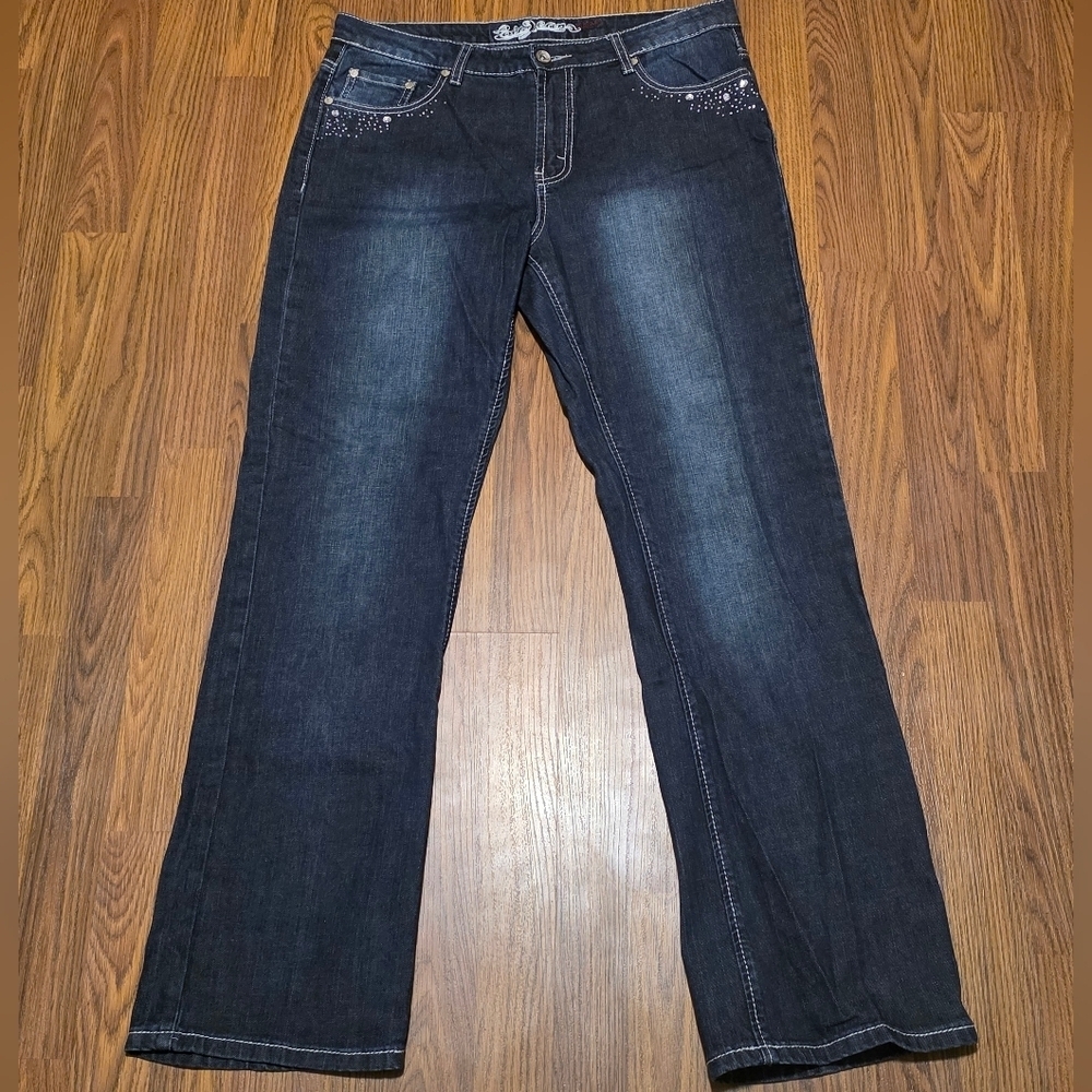 Womens Lois Jeans Size 33 Dark Blue Denim Rhinestone Embellished E17